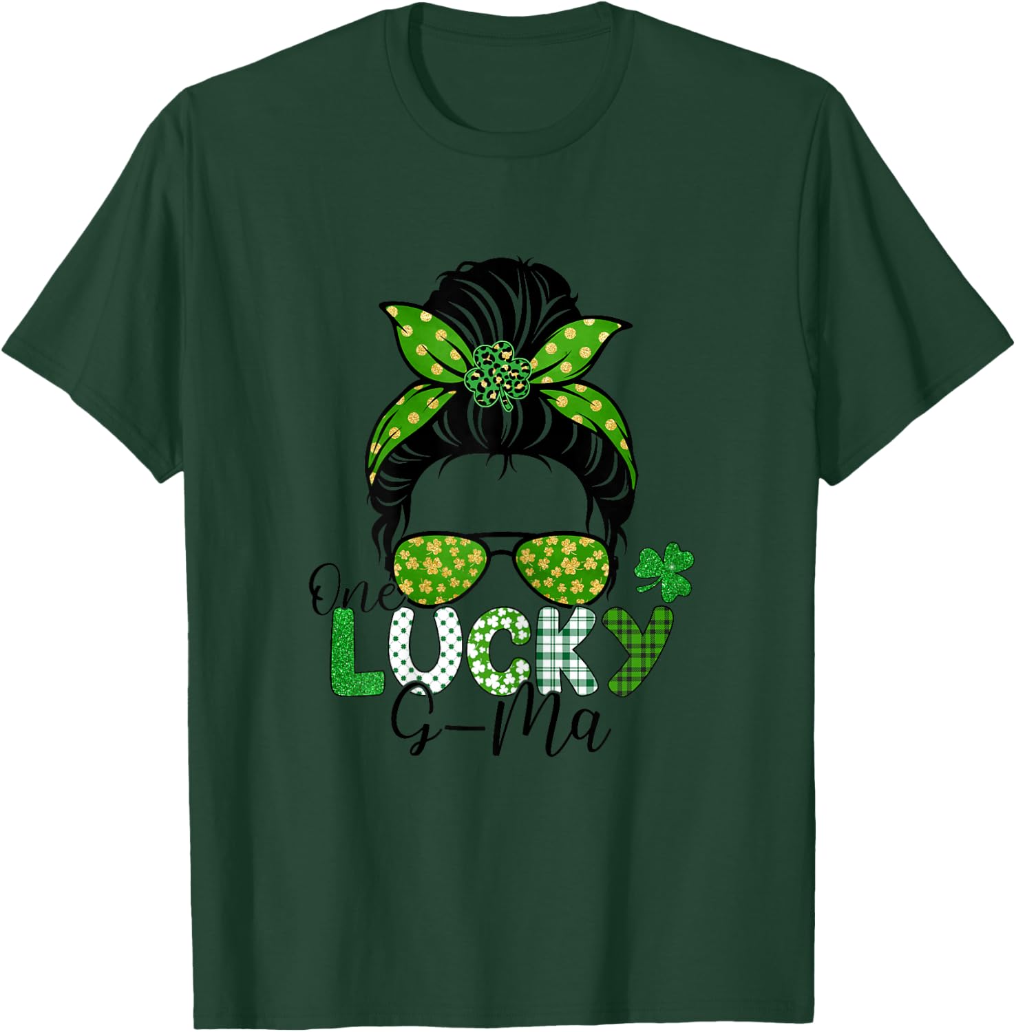 One Lucky G-Ma St Patricks Day Leopard Shamrock Messy Bun T-Shirt - T-Shirt | Forest