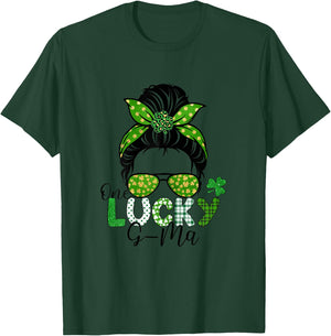 One Lucky G-Ma St Patricks Day Leopard Shamrock Messy Bun T-Shirt - T-Shirt | Forest