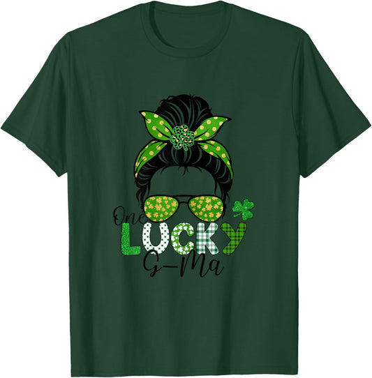 One Lucky G-Ma St Patricks Day Leopard Shamrock Messy Bun T-Shirt - T-Shirt | Forest