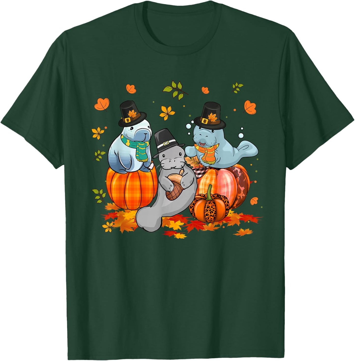 Manatee Pumpkin Leopard Buffalo Plaid Fall Thanksgiving T-Shirt - T-Shirt | Forest