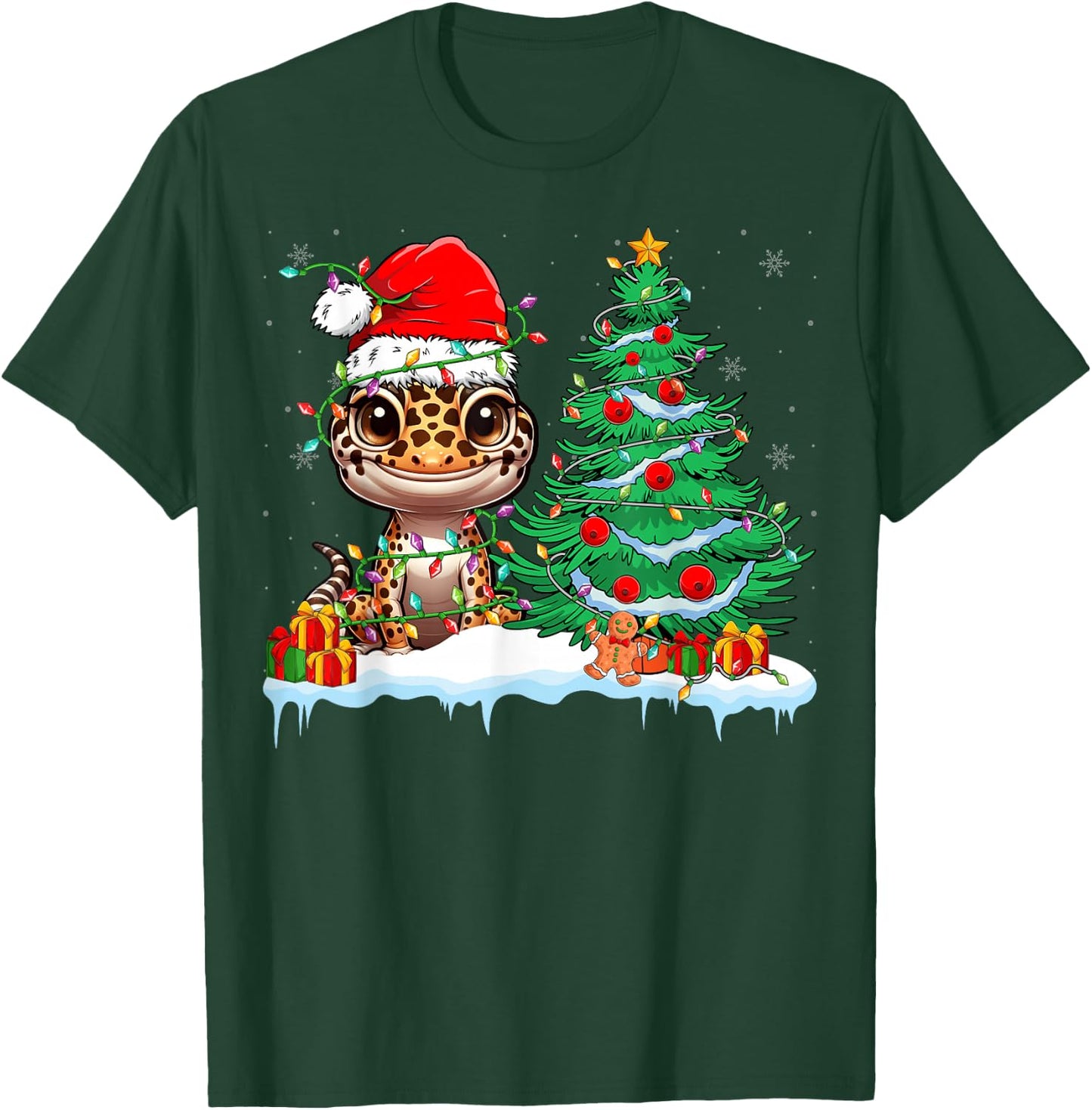Leopard Gecko Santa Hat Xmas Lights Gecko Lover Christmas T-Shirt - T-Shirt | Forest