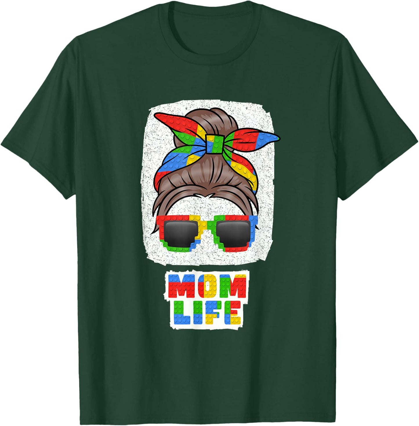 Mom Life Cute Messy Bun Master Builder Building Blocks Women T-Shirt - T-Shirt | Forest