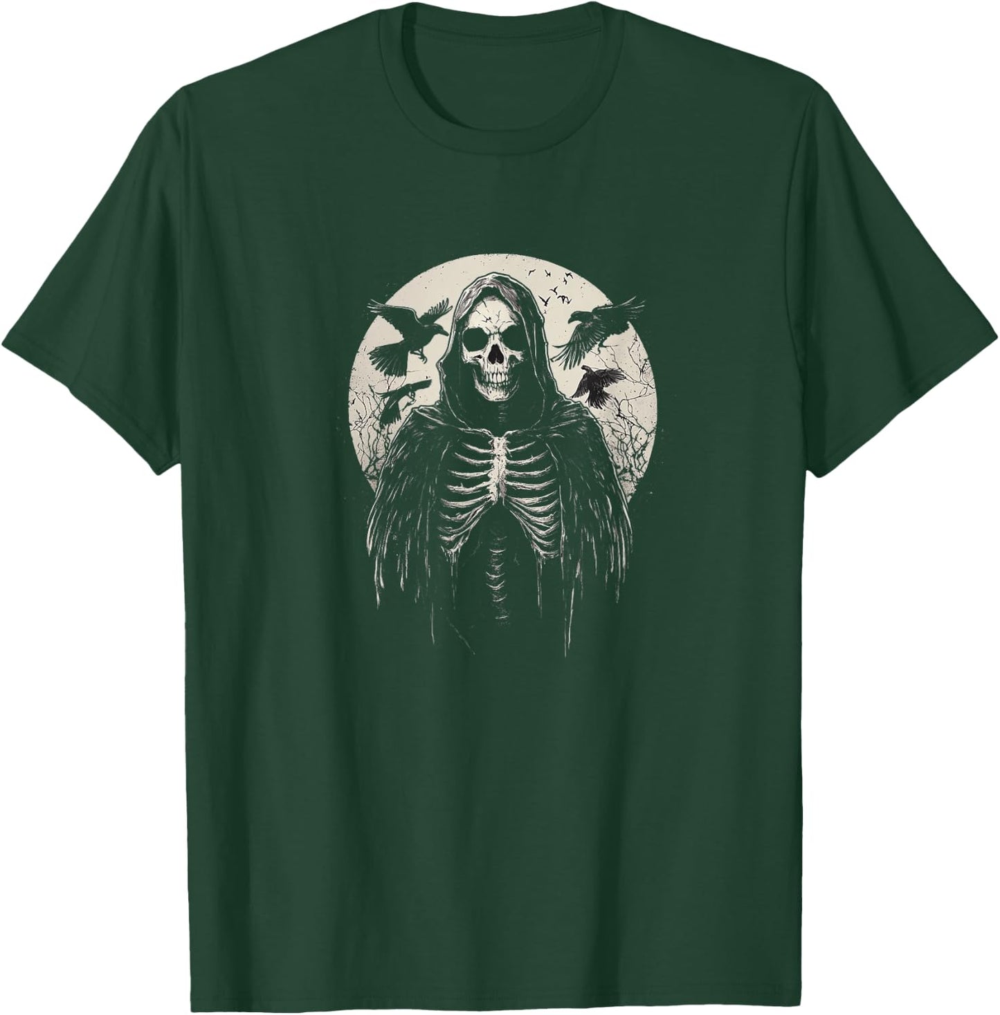 Black Gothic Raven Hooded Skeleton Graphic Gothic Style T-Shirt - T-Shirt | Forest