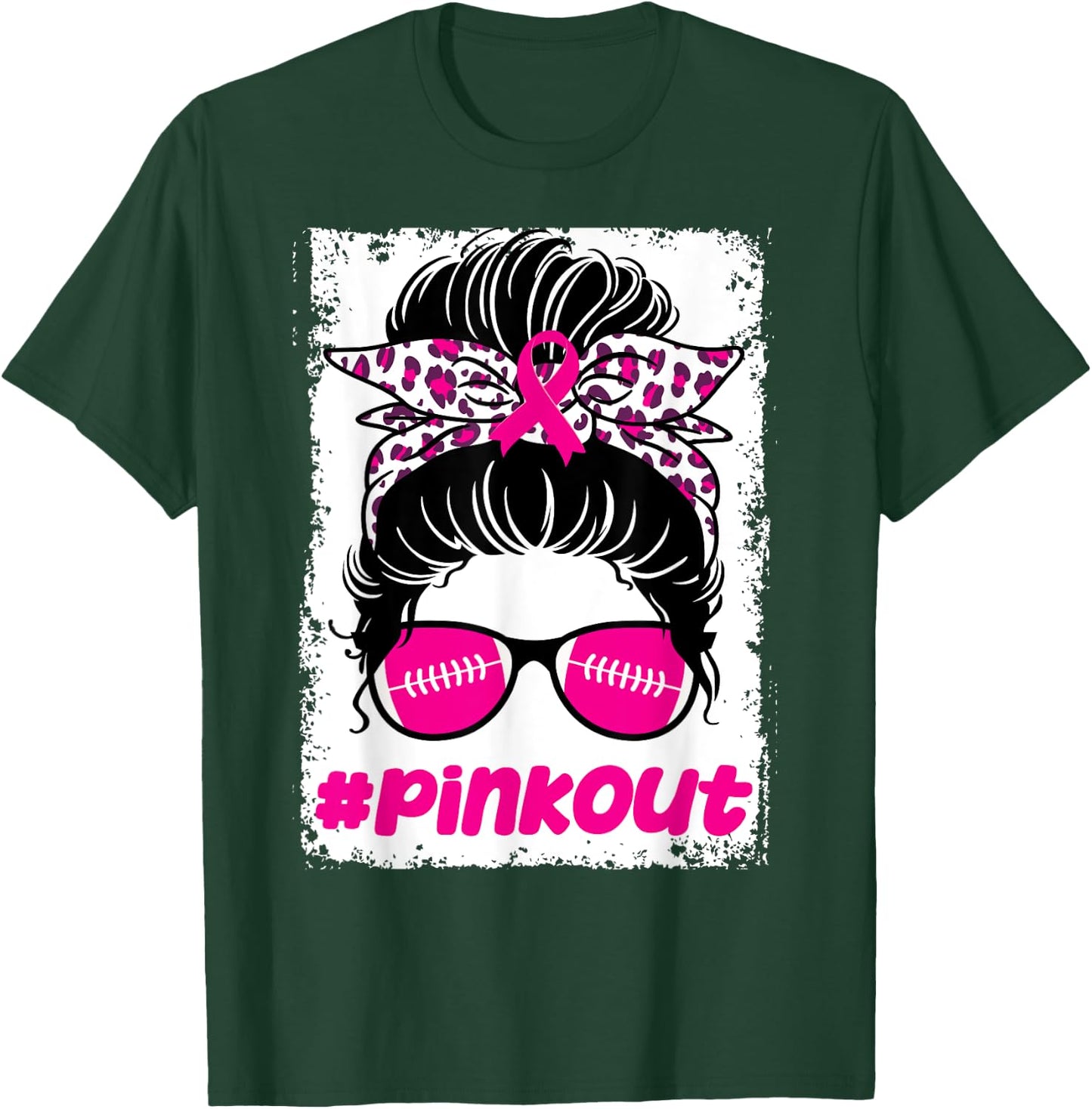 Pink Out Ou Breast Cancer Football Messy Bun Cheer Bleached T-Shirt - T-Shirt | Forest