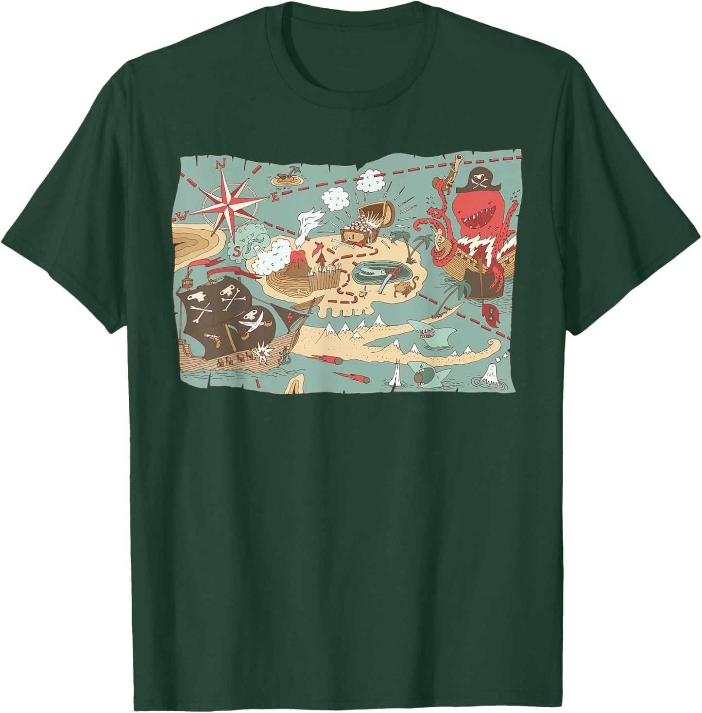 Treasure Map Ship Sharks Pirates & Skulls Shirt Boys Kids T-Shirt - T-Shirt | Forest