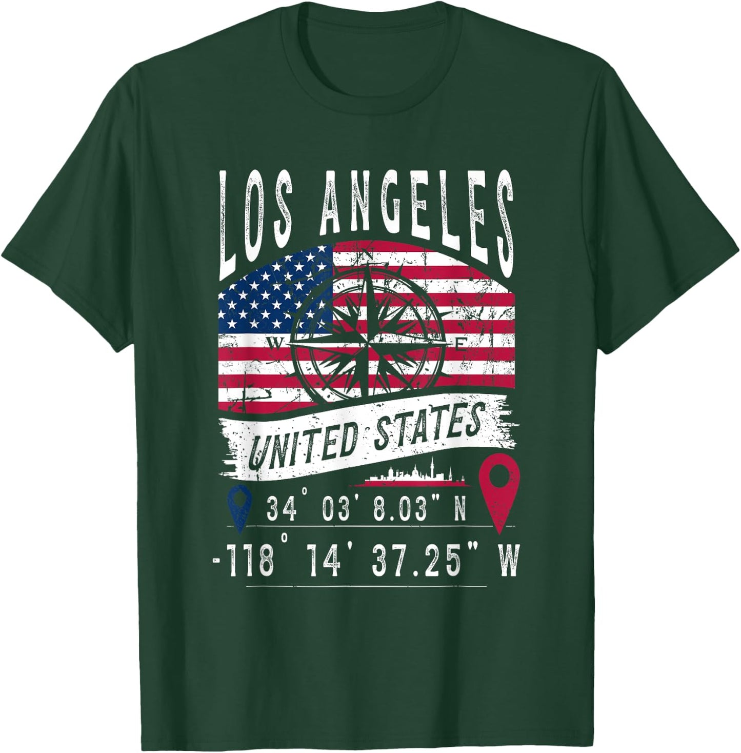 Los Angeles USA Flag GPS Coordinates Los Angeles , Black, S T-Shirt - T-Shirt | Forest