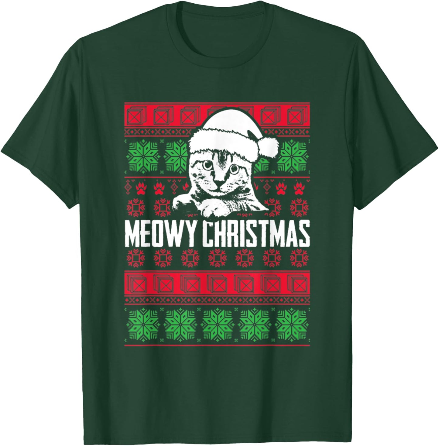 Meowy Cat Pet Owner Lover Pun Funny Ugly Christmas Sweater T-Shirt - T-Shirt | Forest
