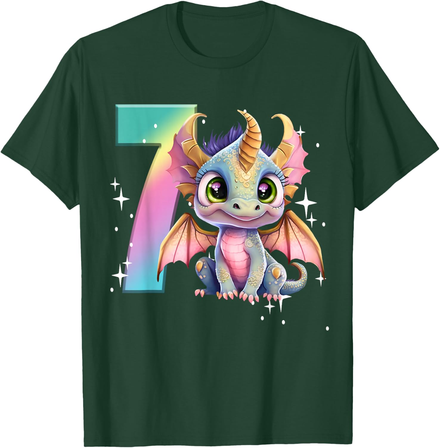 7th Birthday Shirt Girl Dragon Birthday Outfit Rainbow Seven T-Shirt - T-Shirt | Forest