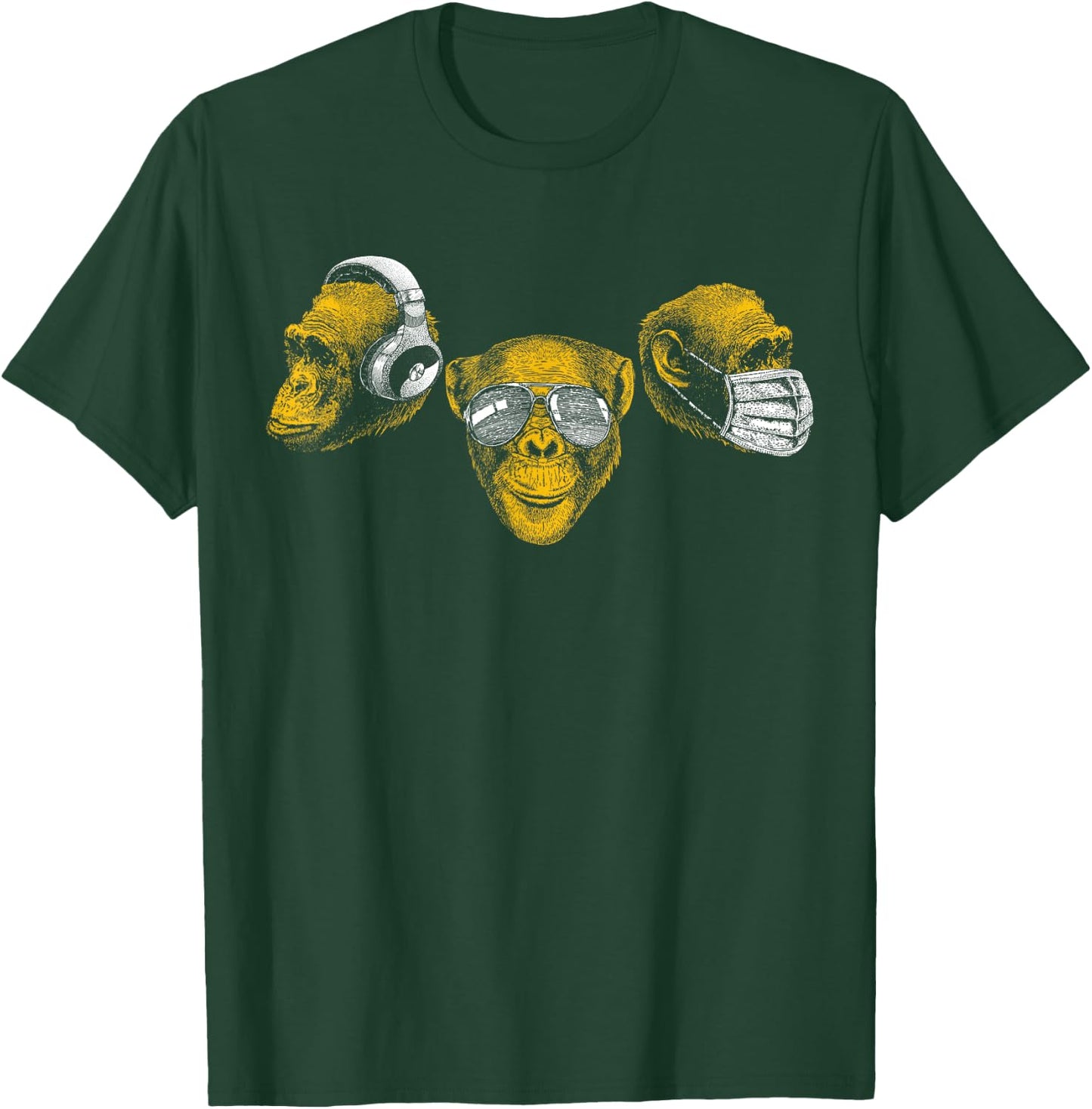 Three Chimpanzee Heads Wise Monkey Speak Hear & See No Evil T-Shirt - T-Shirt | Forest