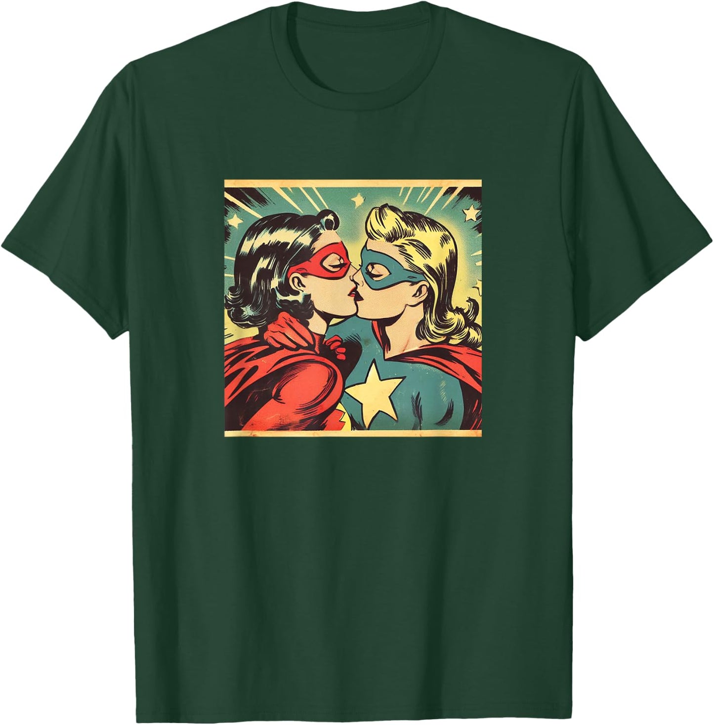 Vintage Superheroes Kissing Lesbian LGBT Queer Love Meme , black T-Shirt - T-Shirt | Forest