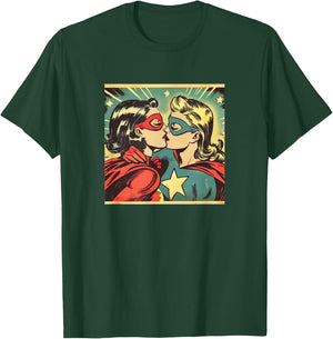 Vintage Superheroes Kissing Lesbian LGBT Queer Love Meme , black T-Shirt - T-Shirt | Forest