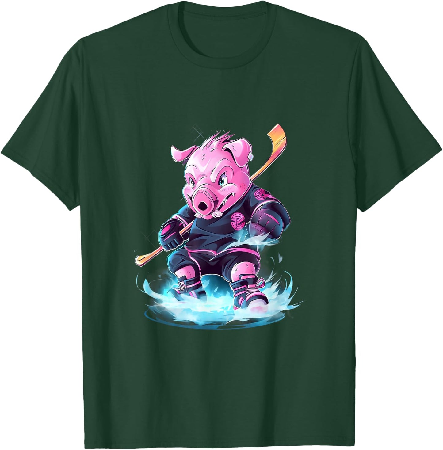 Pig Ice Hockey Player Hockey Stick Goalkeeper T-Shirt - T-Shirt | Forest