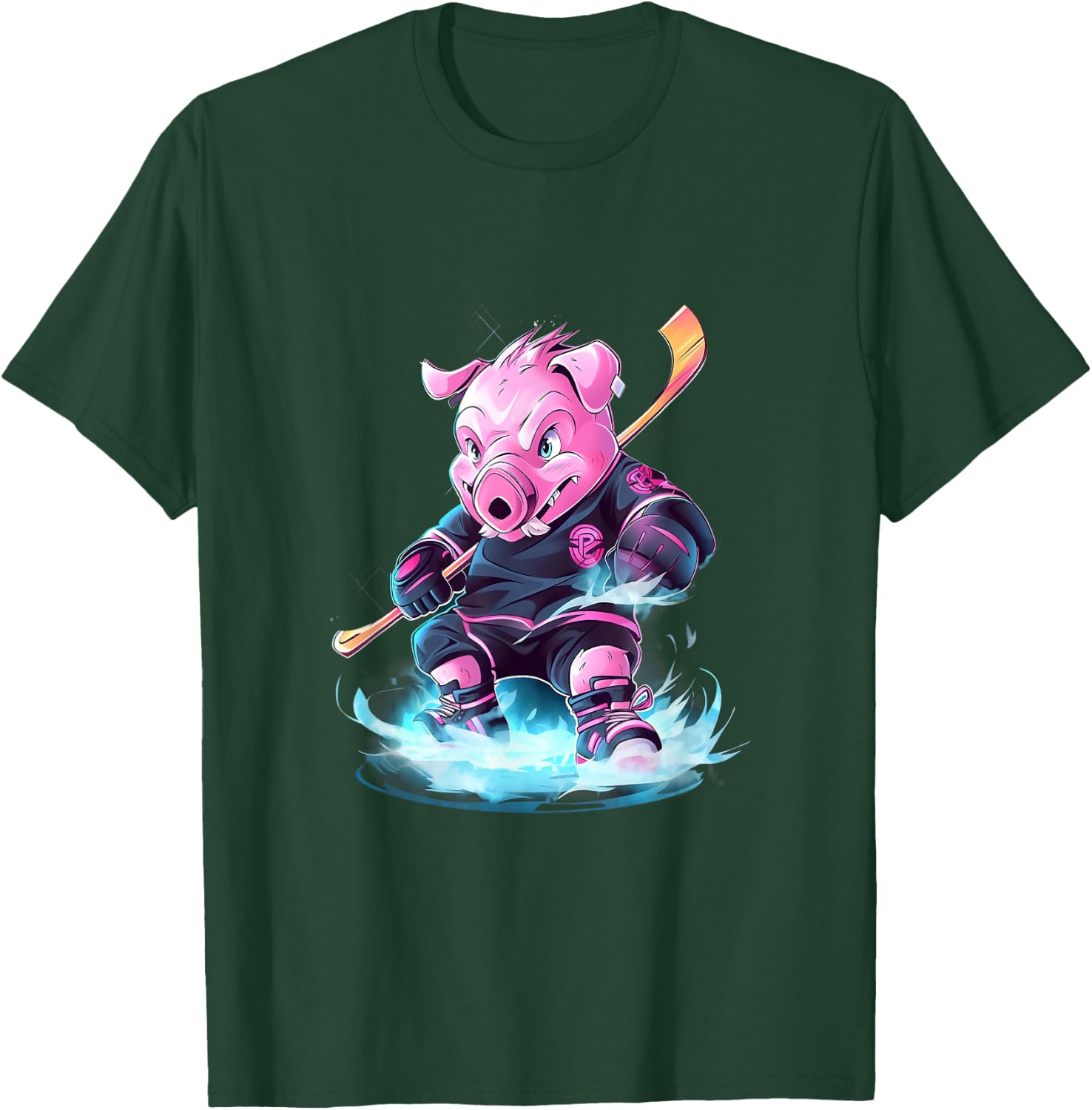 Pig Ice Hockey Player Hockey Stick Goalkeeper T-Shirt - T-Shirt | Forest