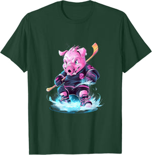 Pig Ice Hockey Player Hockey Stick Goalkeeper T-Shirt - T-Shirt | Forest