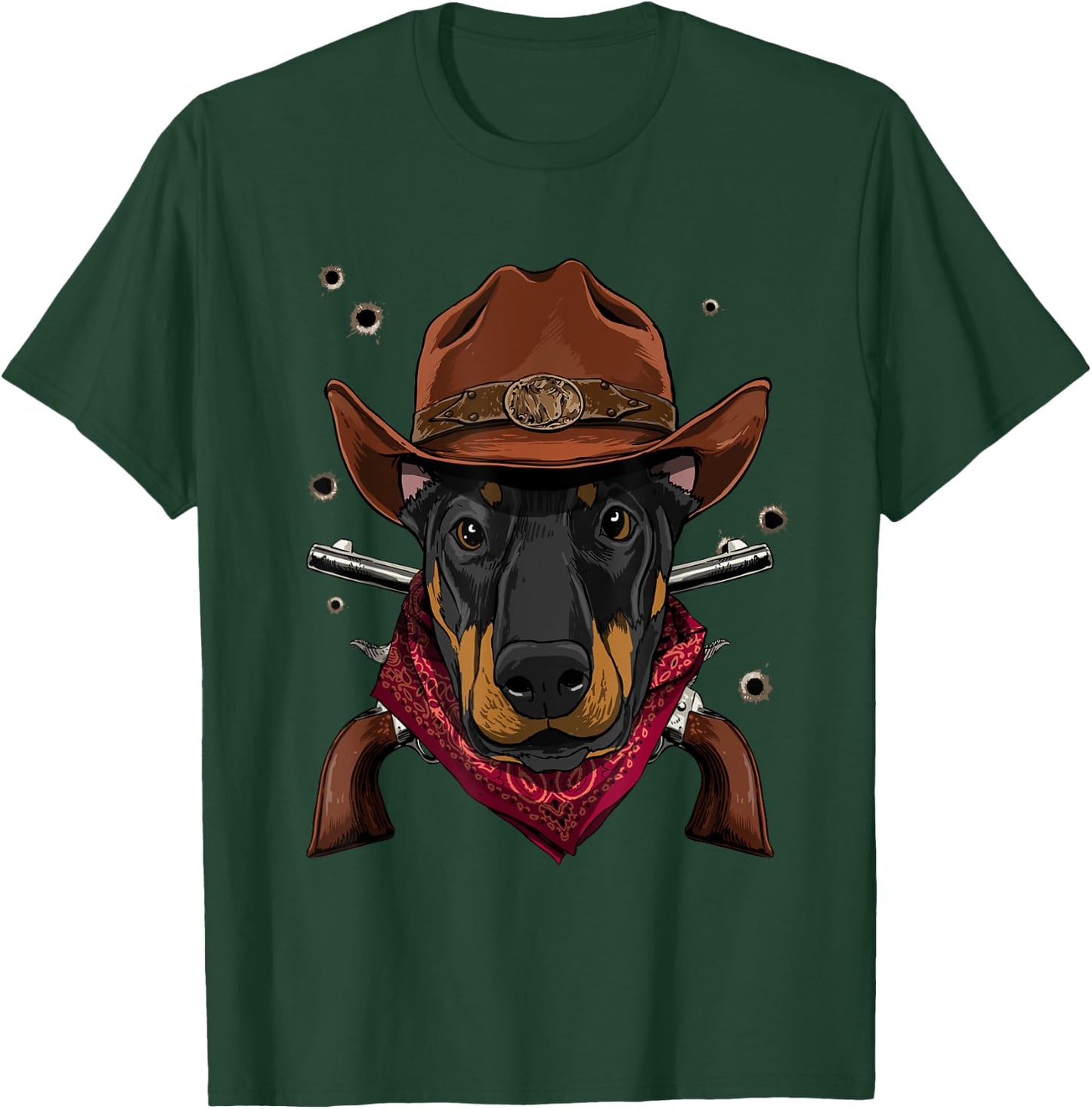 Cowboy Doberman Western Rodeo Cowboy Hat and Bandana Dog T-Shirt - T-Shirt | Forest