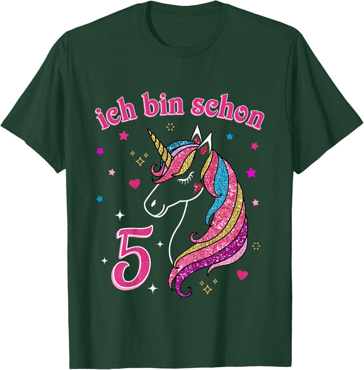 Children's 5th Birthday Girls' with German Text "Ich bin schon 5 Jahre alt Einhorn", black T-Shirt - T-Shirt | Forest
