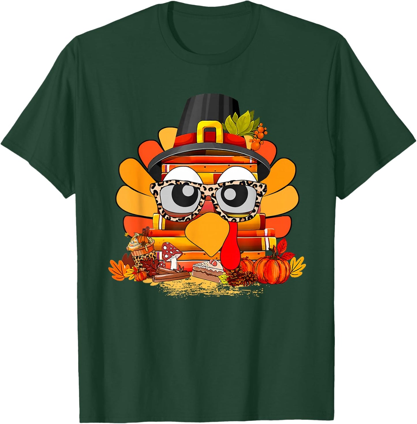 Books Turkey Face Teacher Read Fall Thanksgiving Men Women T-Shirt - T-Shirt | Forest