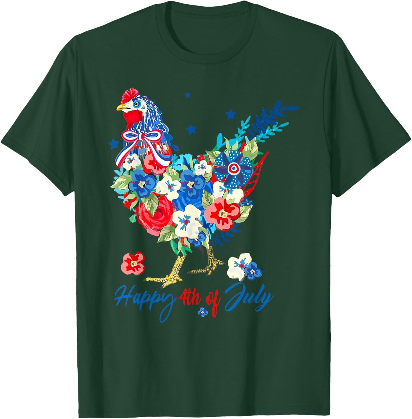 Floral Happy 4th of July Chicken Pioneer Woman Patriotic T-Shirt - T-Shirt | Forest