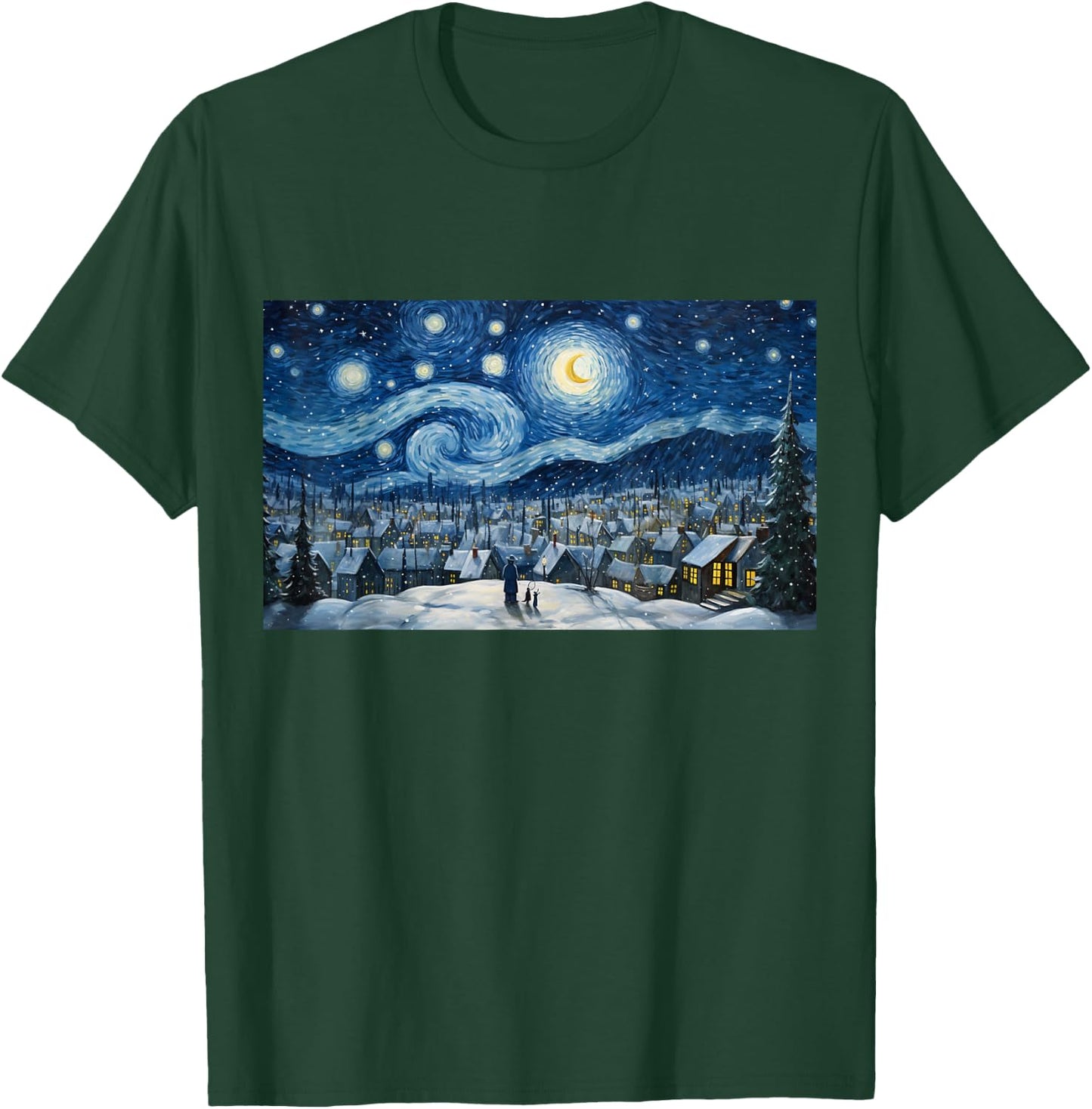 Snowy Winter Christmas Starry NIght Painting Art T-Shirt - T-Shirt | Forest
