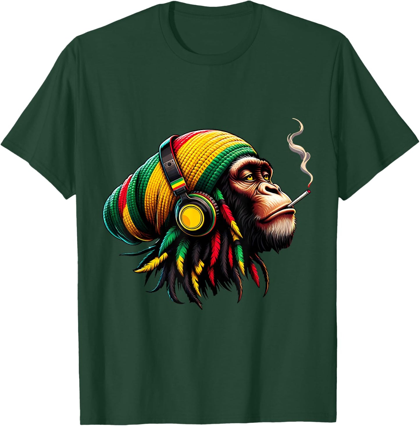 Jamaican Roots Reggae Chimpanzee Headphones Rastafari , Black, S T-Shirt - T-Shirt | Forest
