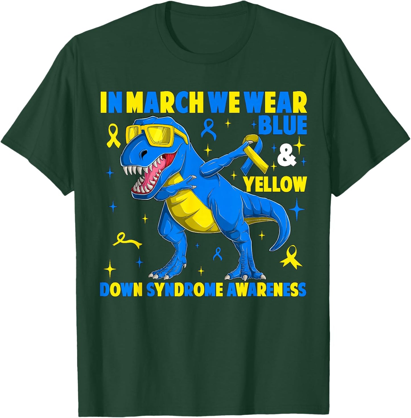 in March We Wear Yellow & Blue T-rex Dinosaur Down Syndrome T-Shirt - T-Shirt | Forest