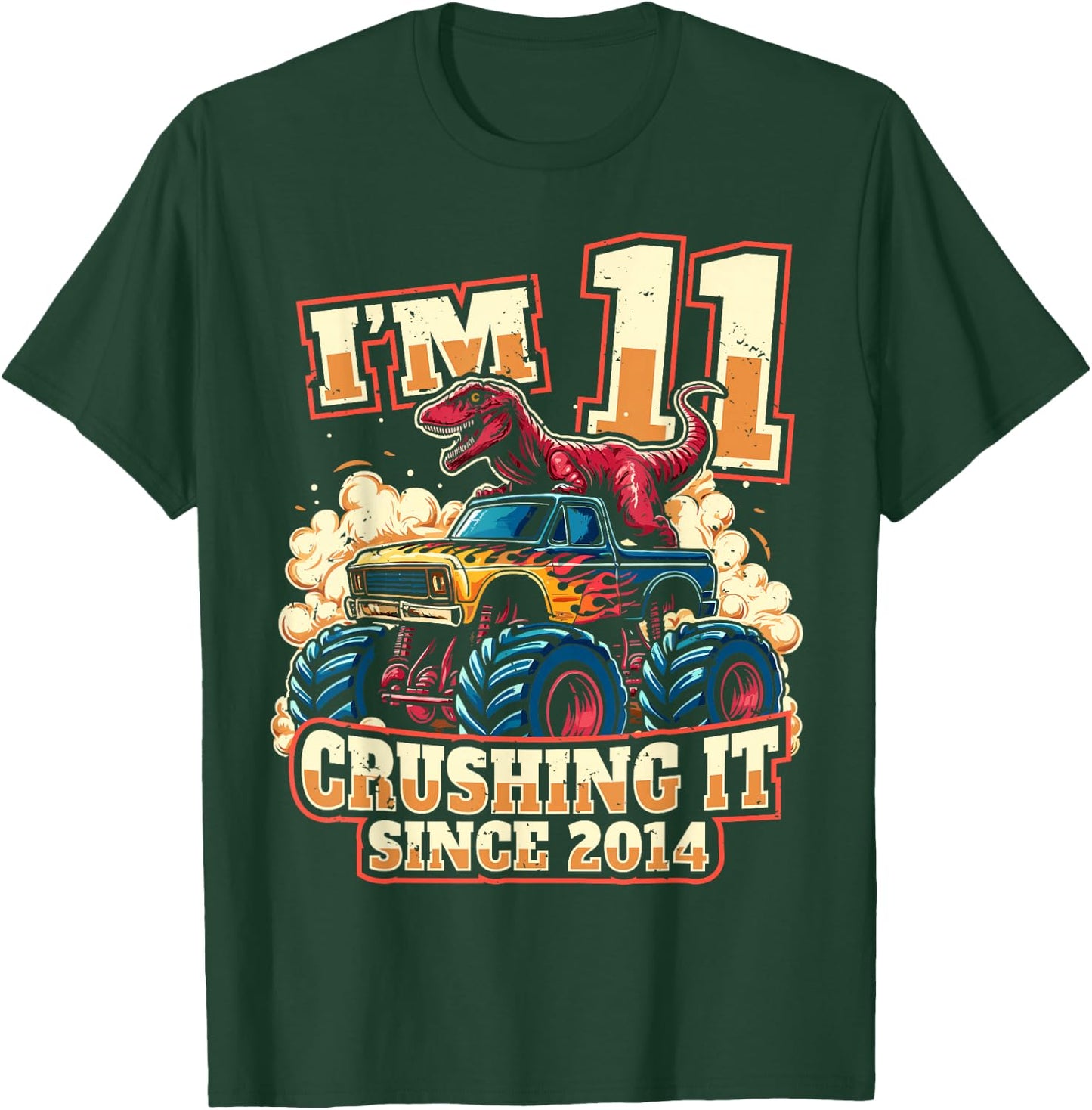 11 Year Old Boys 11th Birthday Dinosaur Monster Truck Party T-Shirt - T-Shirt | Forest