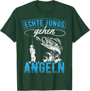 with German Text "Echte Jungs gehen Angeln - Angler Fischer" (Real Boys, black T-Shirt - T-Shirt | Forest