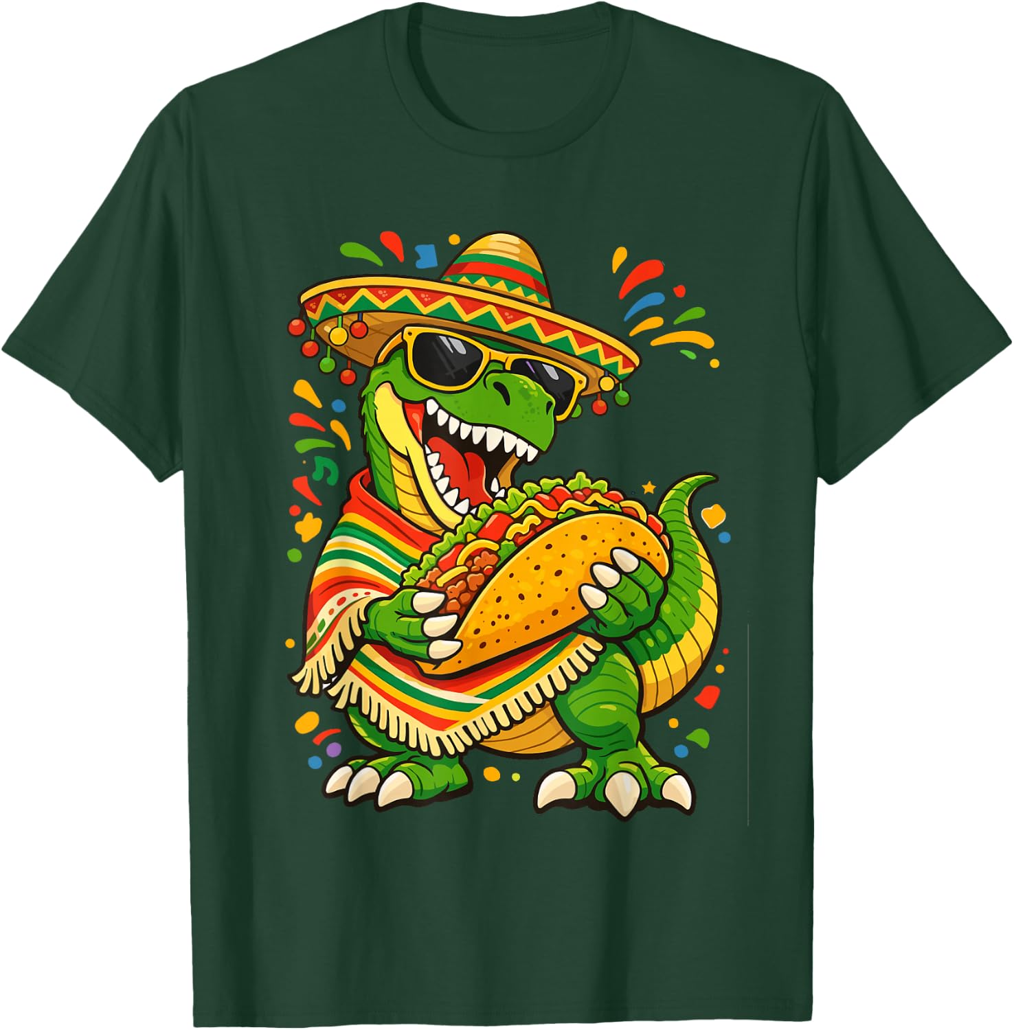 Cinco De Mayo Dinosaur Mexican T Rex Eating Taco Sombrero T-Shirt - T-Shirt | Forest