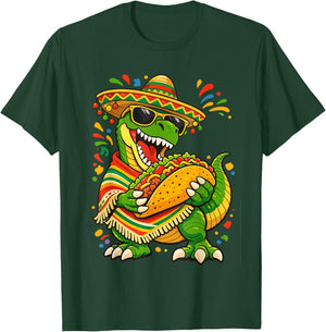 Cinco De Mayo Dinosaur Mexican T Rex Eating Taco Sombrero T-Shirt - T-Shirt | Forest