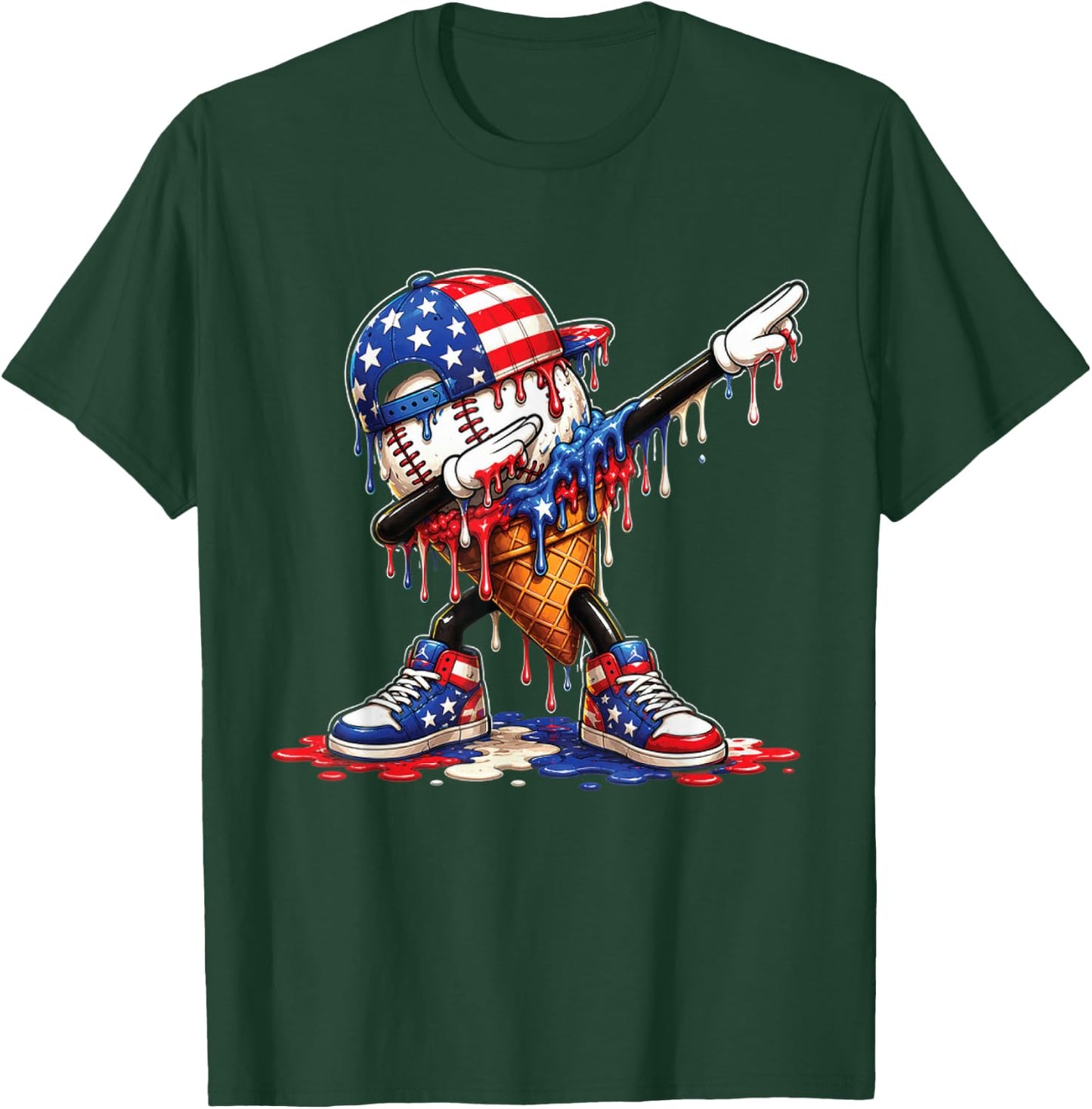 Baseball Drip Ice Cream Patriot American Flag 4th of July T-Shirt - T-Shirt | Forest