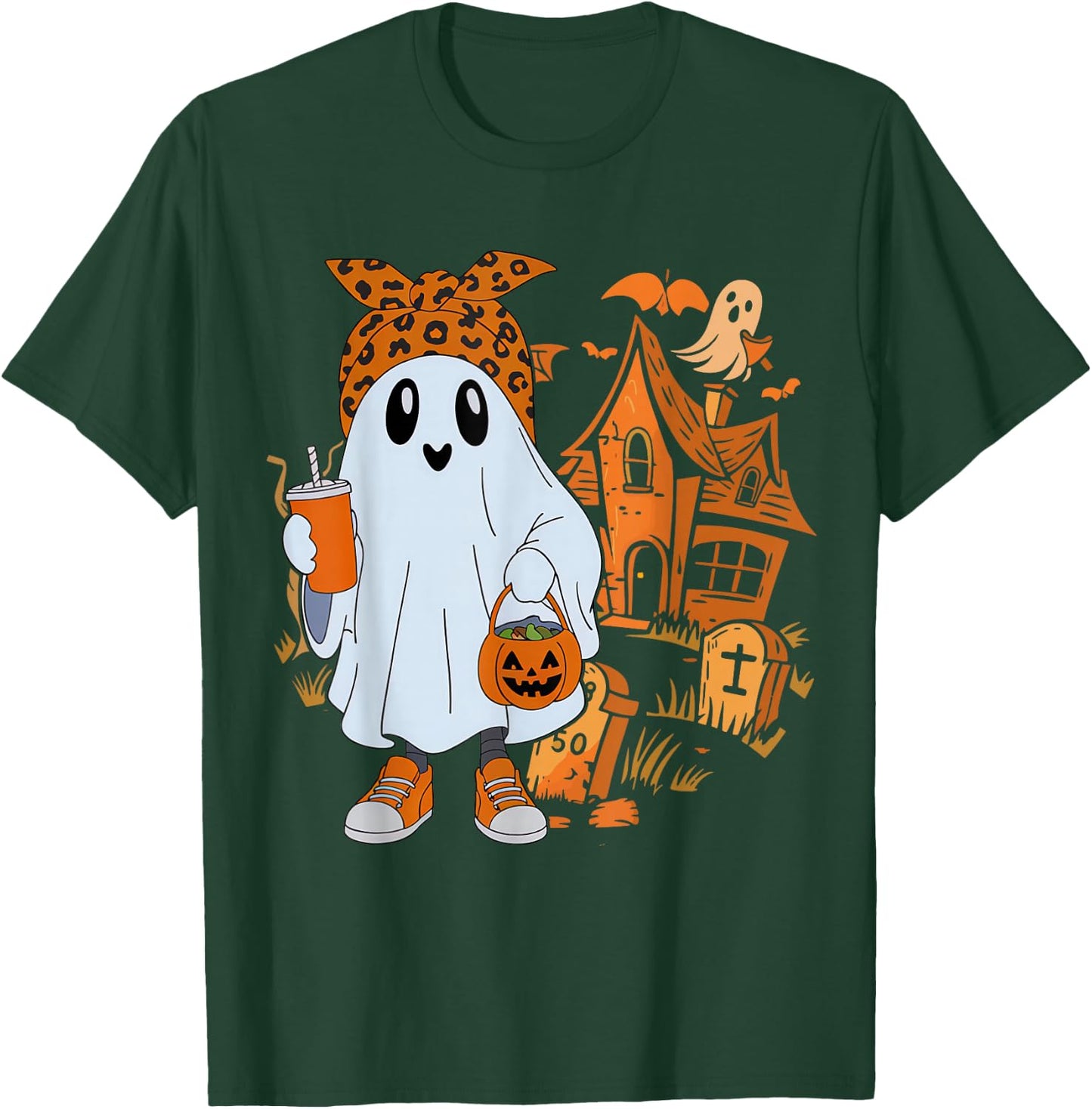 Cute Ghost Drinking Coffee Halloween Ghost Leopard Ice Coffe T-Shirt - T-Shirt | Forest