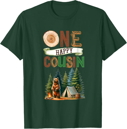 One Happy Cousin Camper First Birthday Camping Bear Kids T-Shirt - T-Shirt | Forest