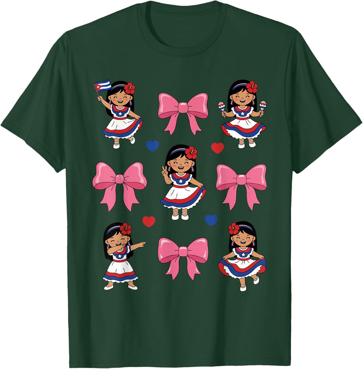Cute Cuban Girl Traditional Dress Bow Cuba Heritage Flag T-Shirt - T-Shirt | Forest