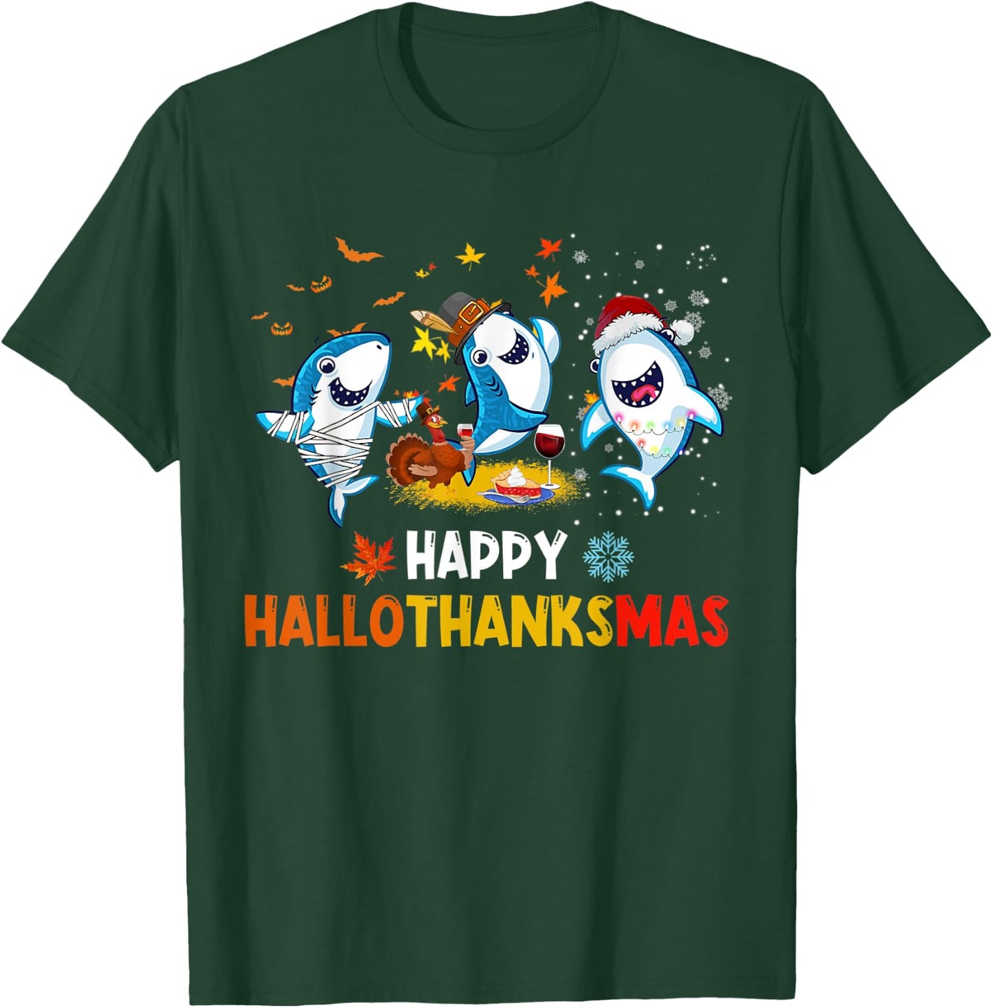 Happy Hallothanksmas Sharks Halloween Christmas Thanksgiving T-Shirt - T-Shirt | Forest