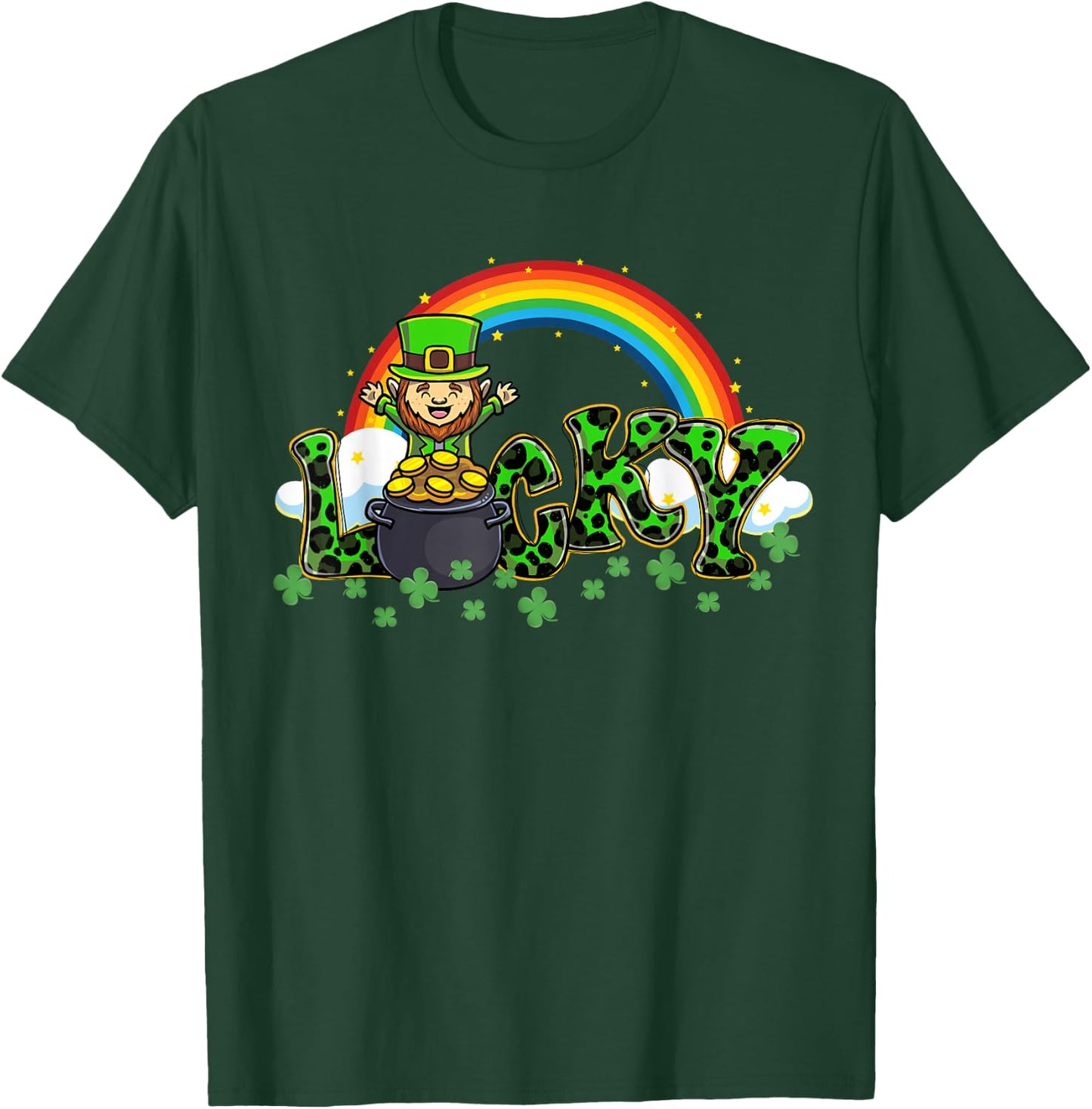 Lucky St Patricks Day Leprechaun Shamrock Leopard Clover T-Shirt - T-Shirt | Forest