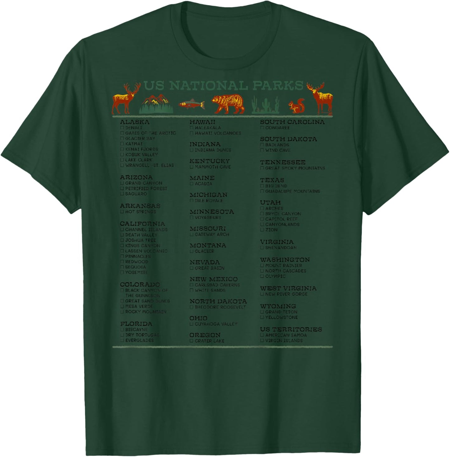 US National Parks Checklist List by State DESIGN ON BACK T-Shirt - T-Shirt | Forest