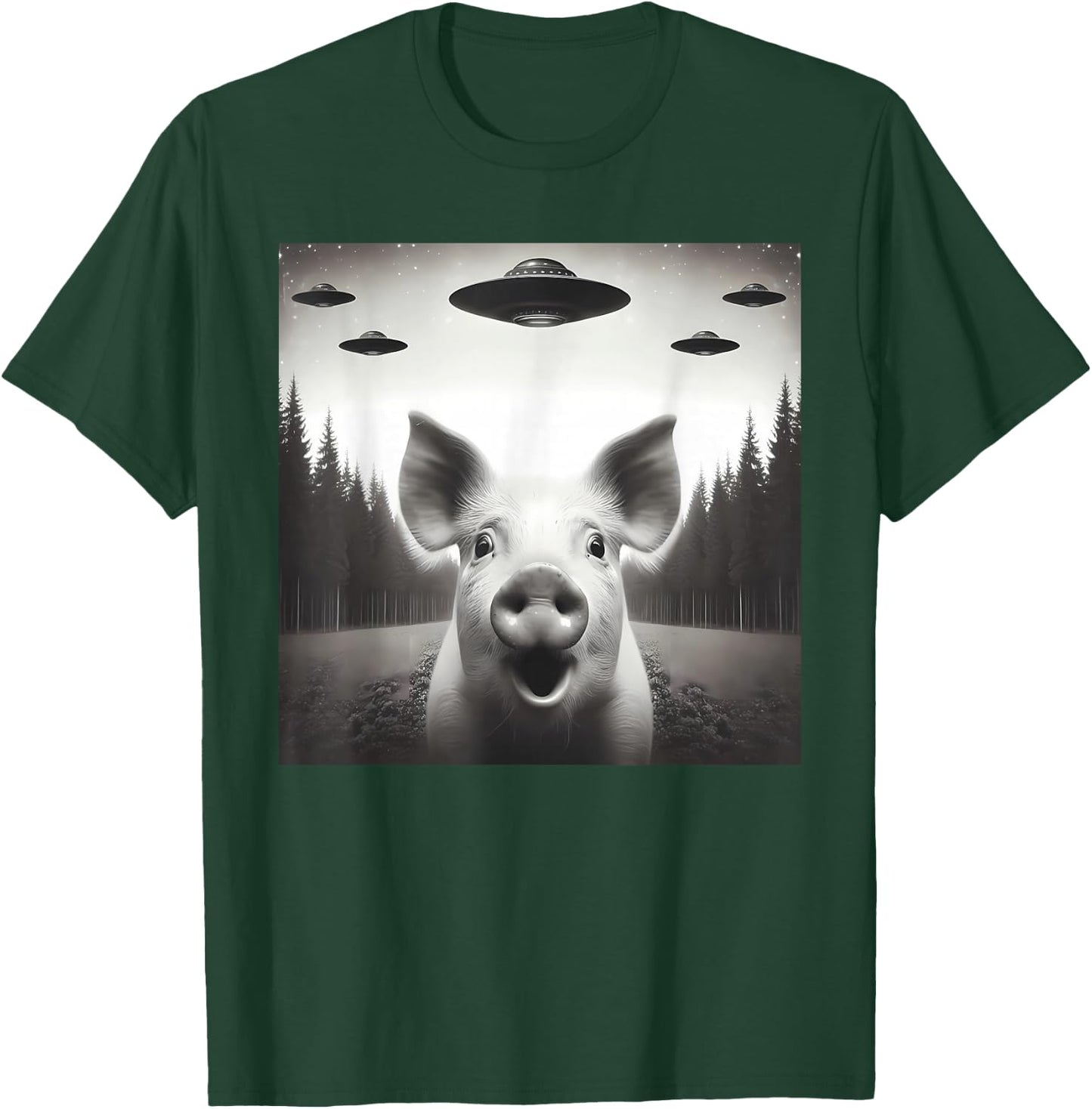 Funny Pig Selfie UFO Alien Humor Vintage Print Art Design T-Shirt - T-Shirt | Forest