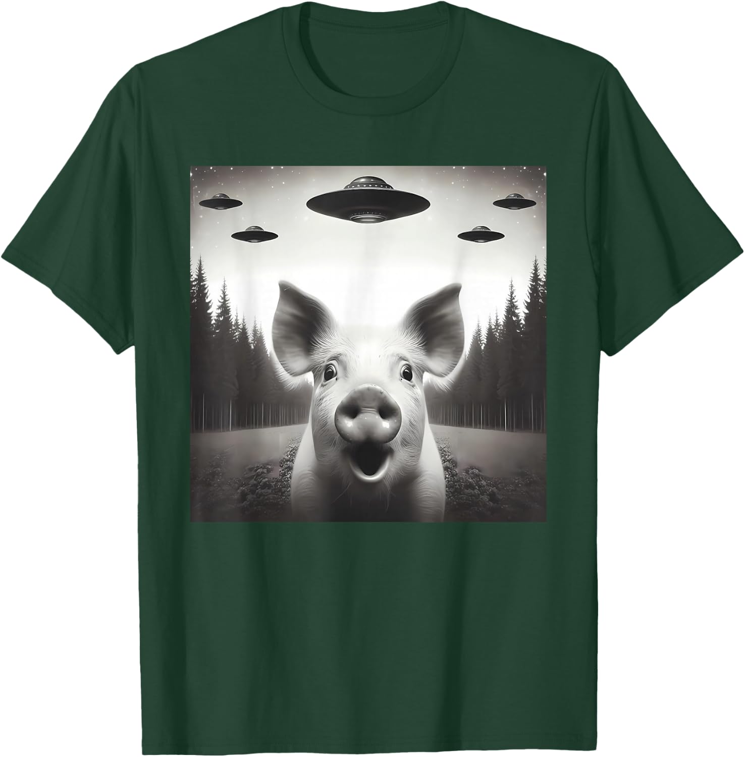 Funny Pig Selfie UFO Alien Humor Vintage Print Art Design T-Shirt - T-Shirt | Forest