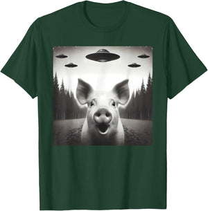 Funny Pig Selfie UFO Alien Humor Vintage Print Art Design T-Shirt - T-Shirt | Forest