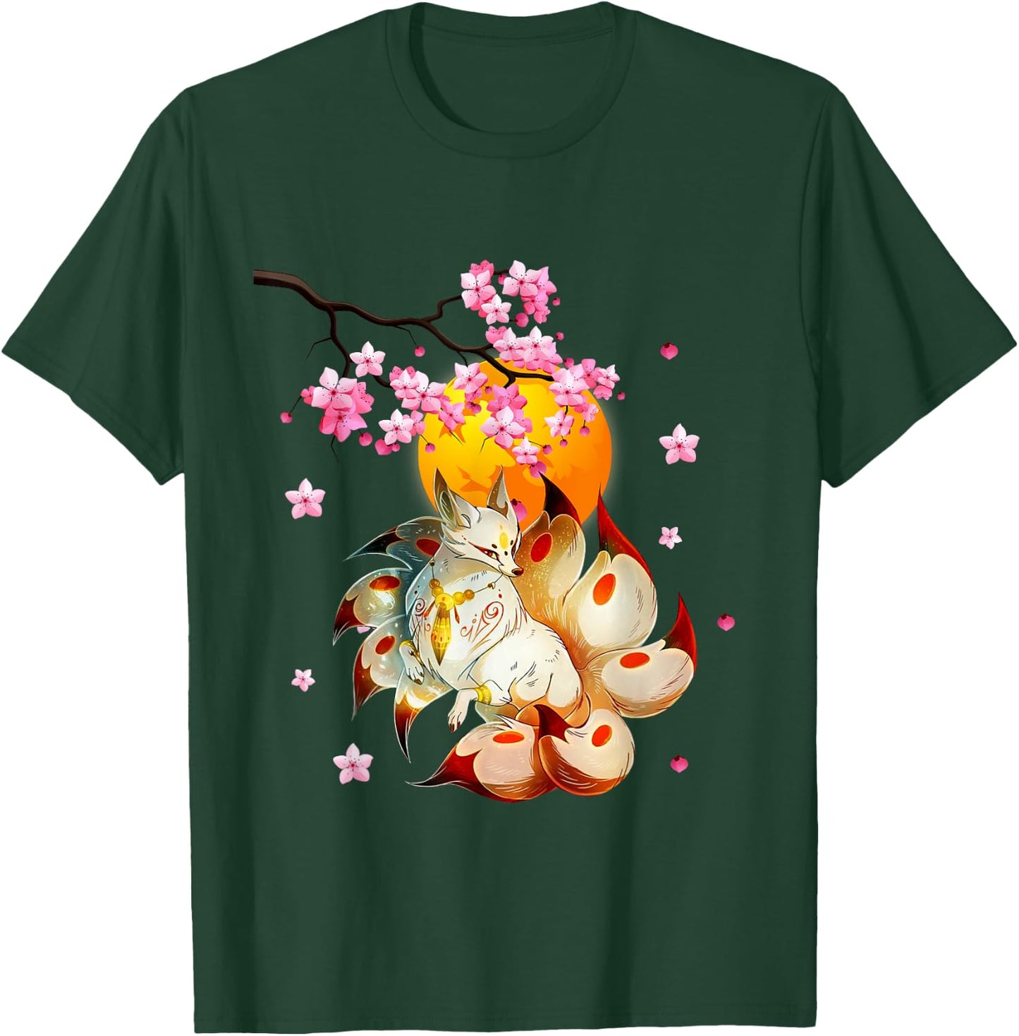Kitsune-Fox Japanese Nine Tailed Fox-Cherry Blossom Flowers T-Shirt - T-Shirt | Forest