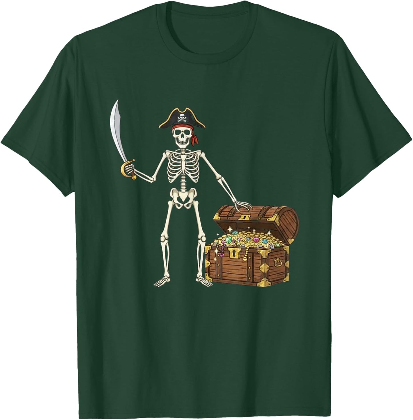 Pirate Skeleton Halloween Funny Men Boys Kids Treasure Chest T-Shirt - T-Shirt | Forest
