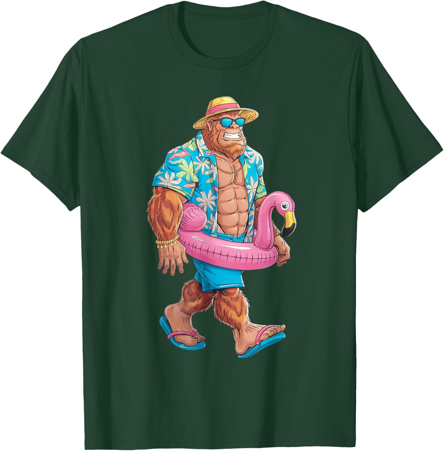 Hawaiian Bigfoot Sasquatch Pink Flamingo Pool Party Summer T-Shirt - T-Shirt | Forest