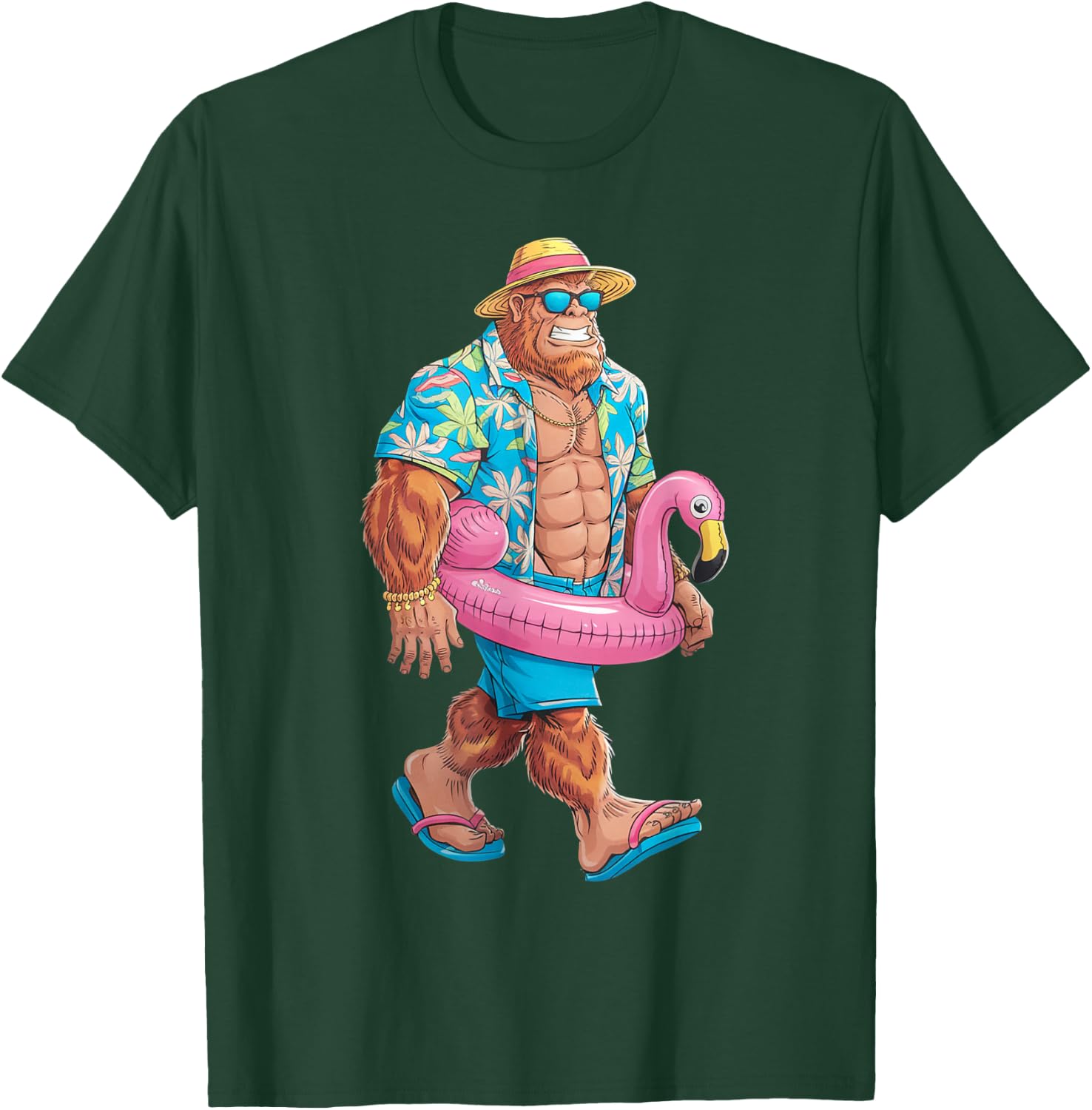 Hawaiian Bigfoot Sasquatch Pink Flamingo Pool Party Summer T-Shirt - T-Shirt | Forest