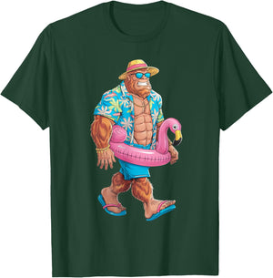 Hawaiian Bigfoot Sasquatch Pink Flamingo Pool Party Summer T-Shirt - T-Shirt | Forest