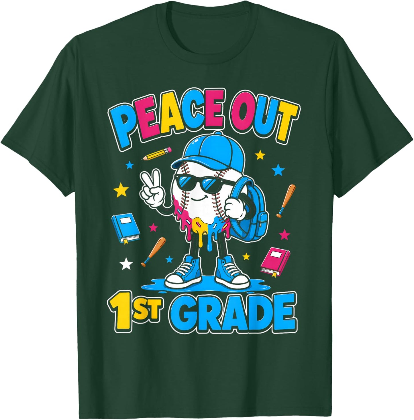1st Grade Back to School Boys Baseball Ice Cream Drip T-Shirt - T-Shirt | Forest