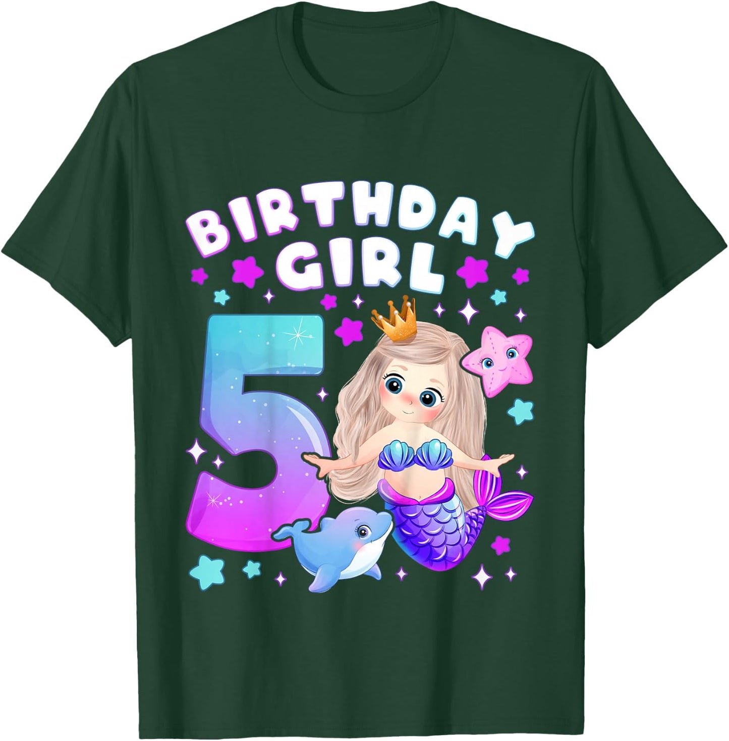 5th Birthday, Girl 5 Years, Mermaid, Number 5 T-Shirt - T-Shirt | Forest