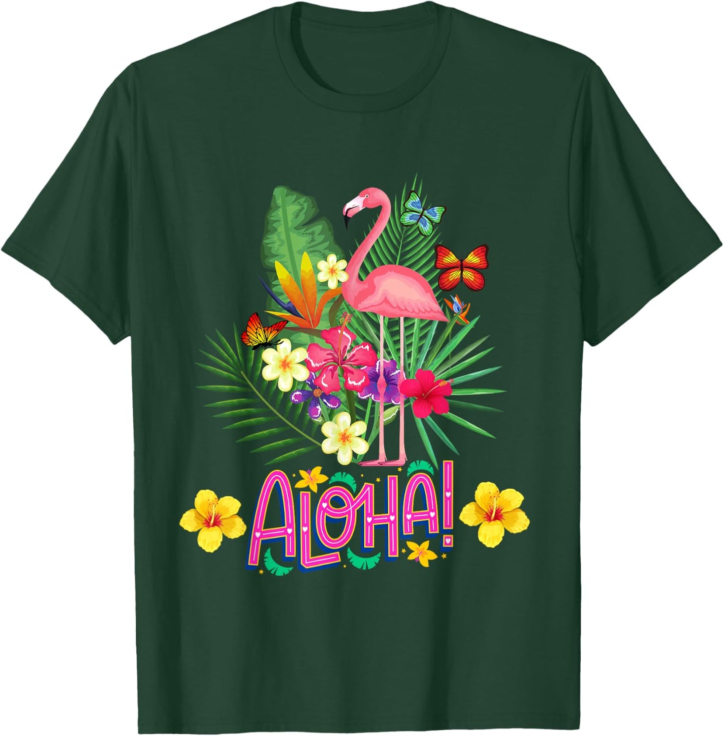Aloha Flamingo Tropical Flowers and Butterflies , Black, S T-Shirt - T-Shirt | Forest