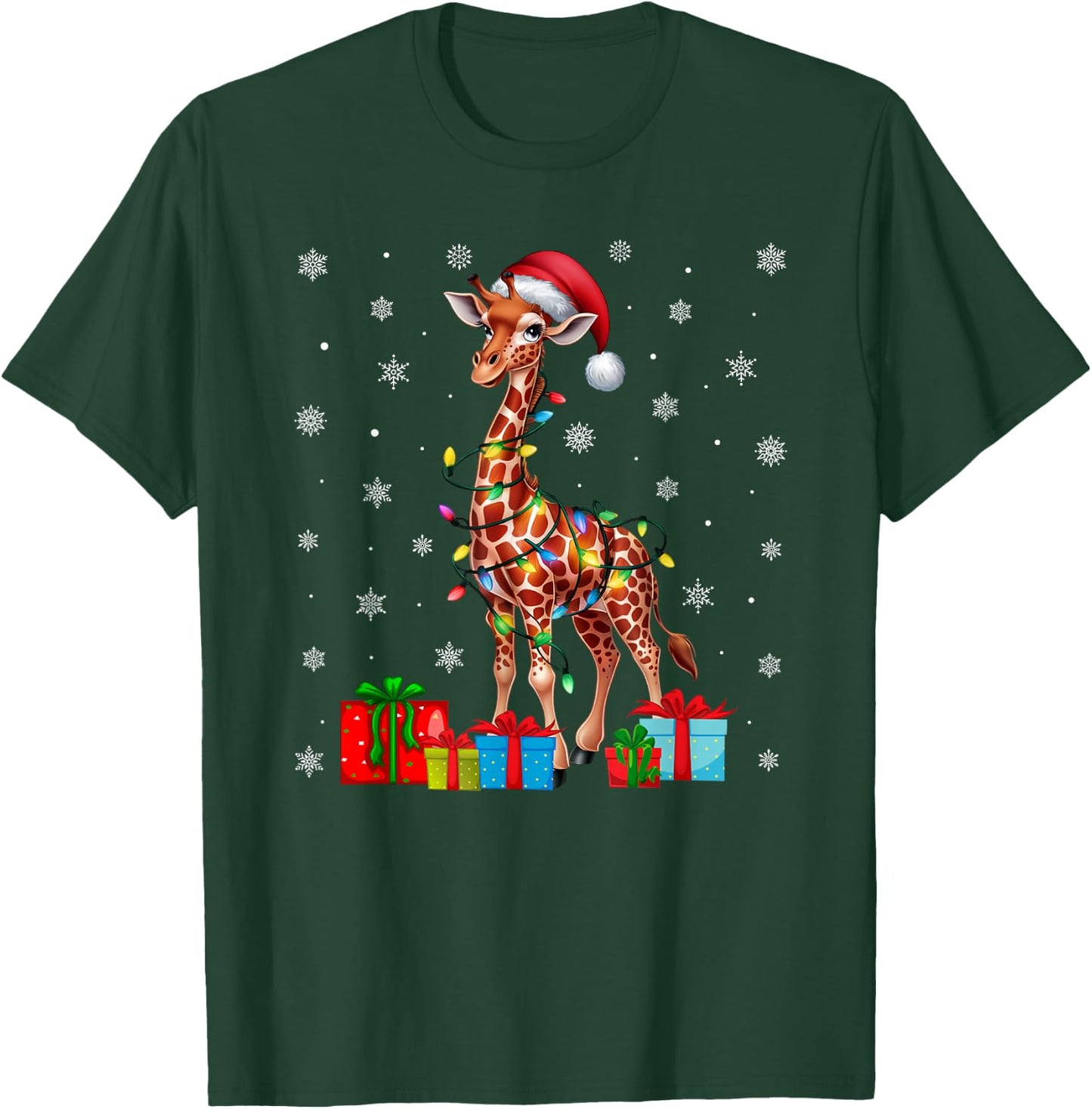 Giraffe Ugly Xmas Lights Santa Hat Giraffe Christmas T-Shirt - T-Shirt | Forest