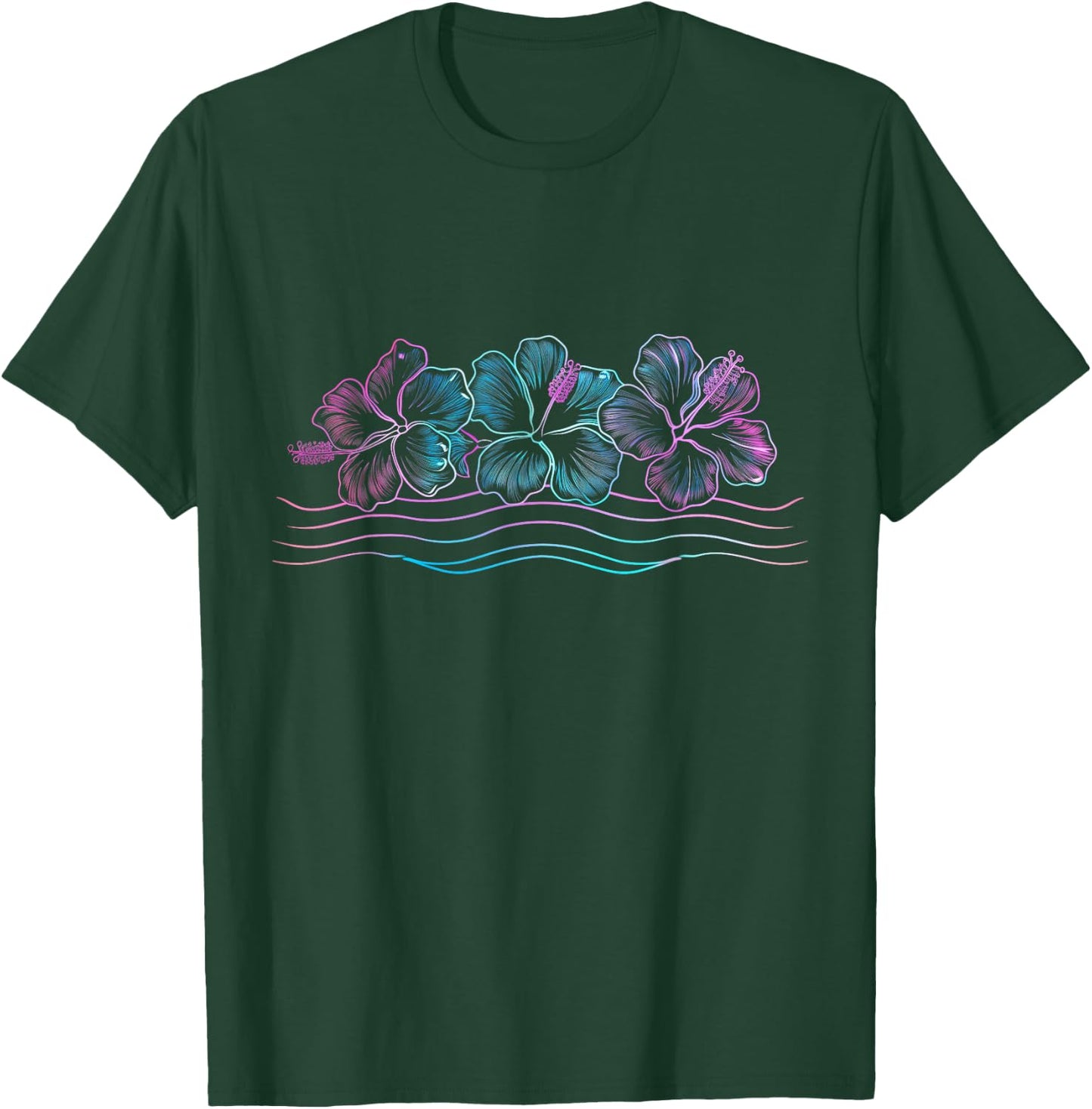 Hawaiian Hibiscus Flowers Retro Surfer T-Shirt - T-Shirt | Forest