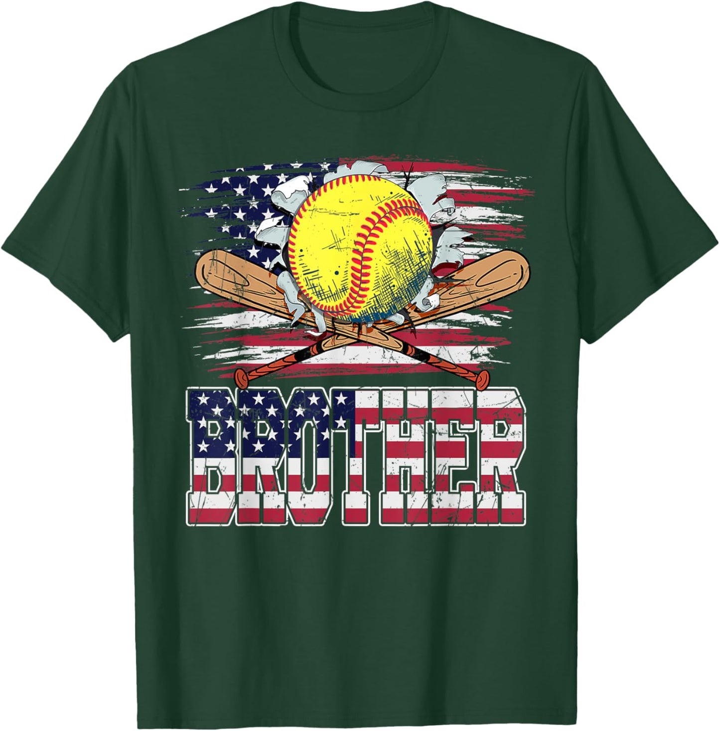 Softball Brother Vintage USA American Flag 4th Of July Women Kids Men T-Shirt - T-Shirt | Forest